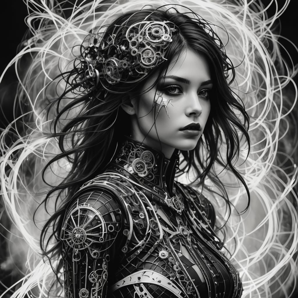 Monochrome Hermitpunk Model with Intricate Gothic Details