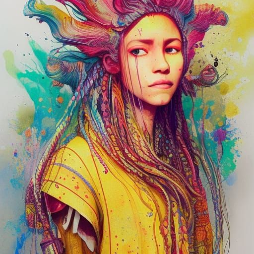 Beautiful Quechua Girl Portrait in Watercolor Style