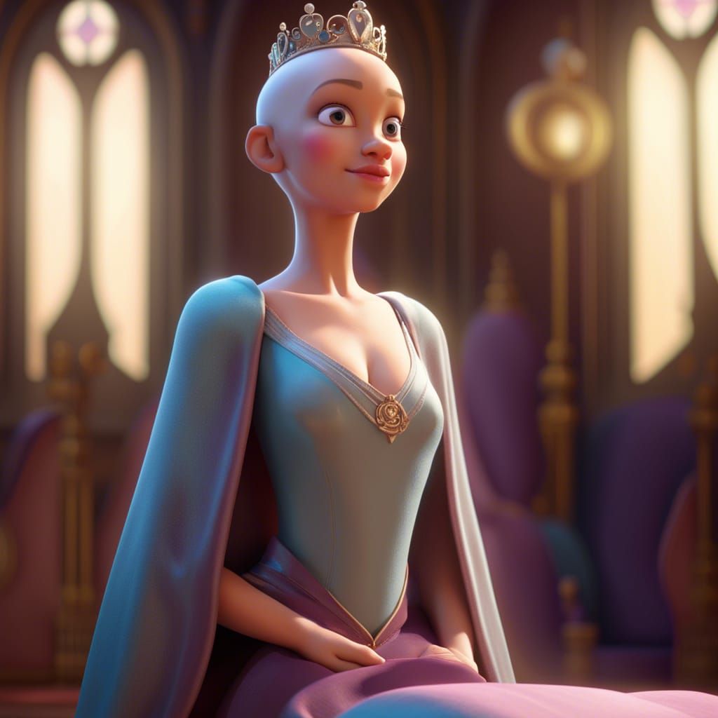 Bald Princess in Disney Pixar 3D Style