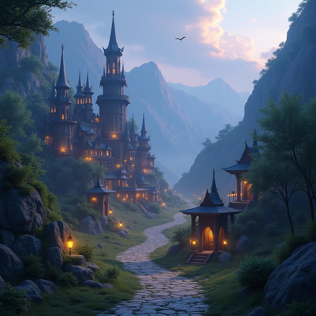 Mystical Village in Valley: Detailed Matte Painting