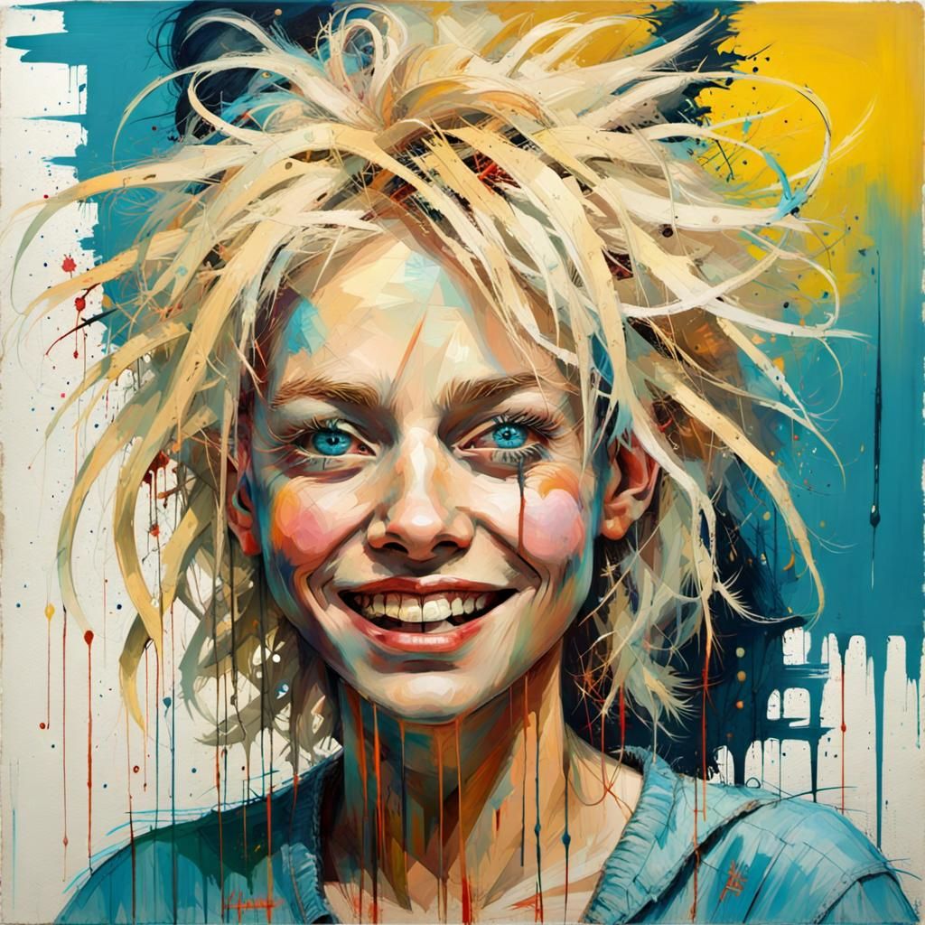 Blonde Woman Portrait in Basquiat-Griffiths-Beksiński Style