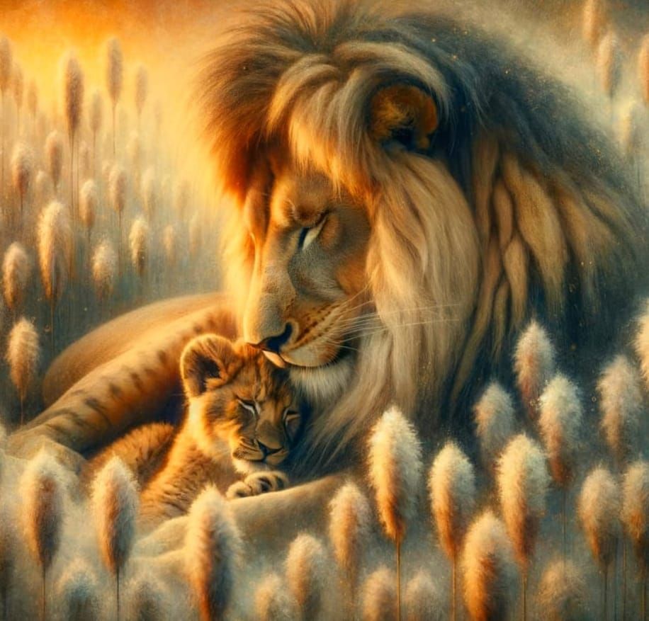 Lion's Gentle Nuzzle in Sunset's Golden Light
