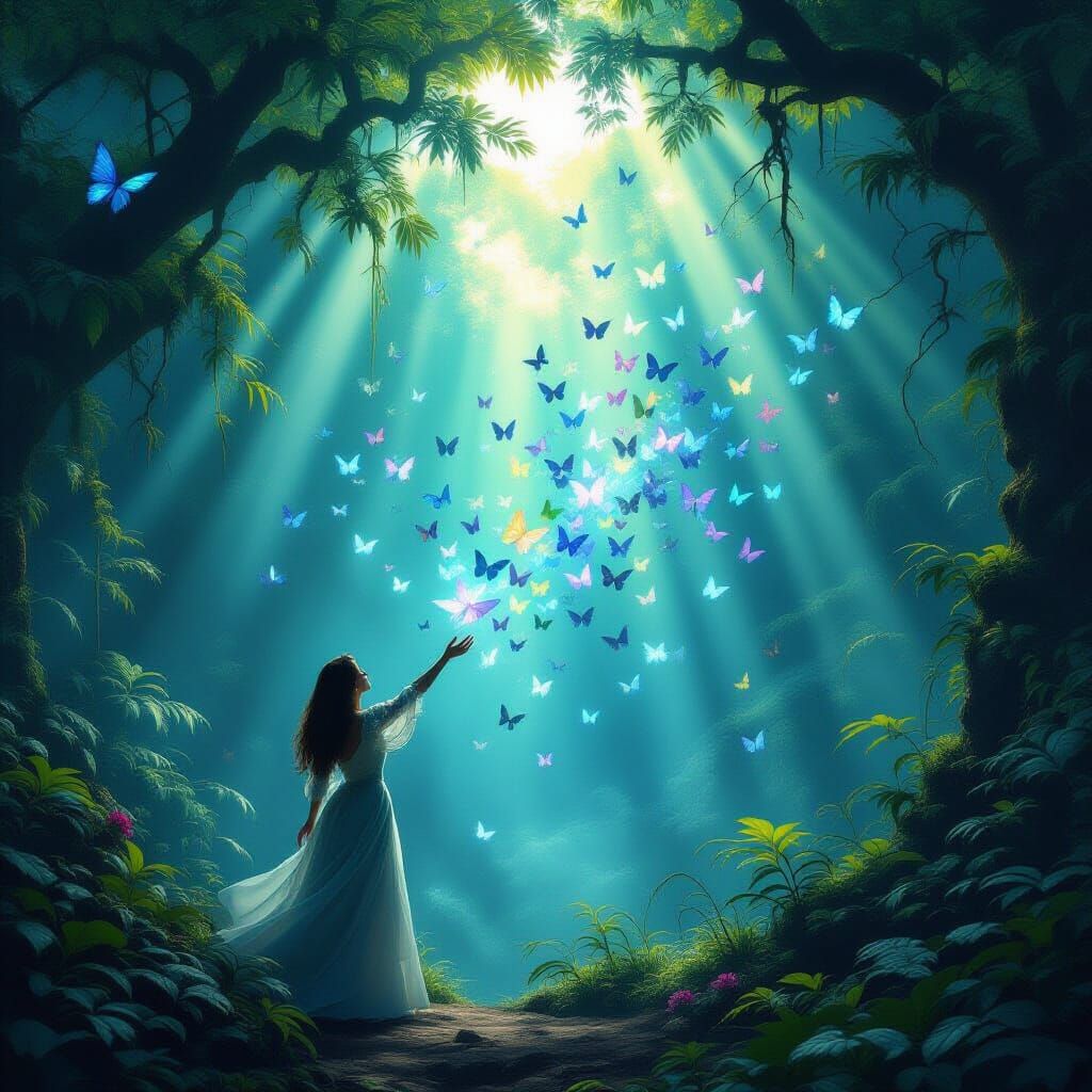 Woman Reaching for Iridescent Butterflies in Ancient Forest