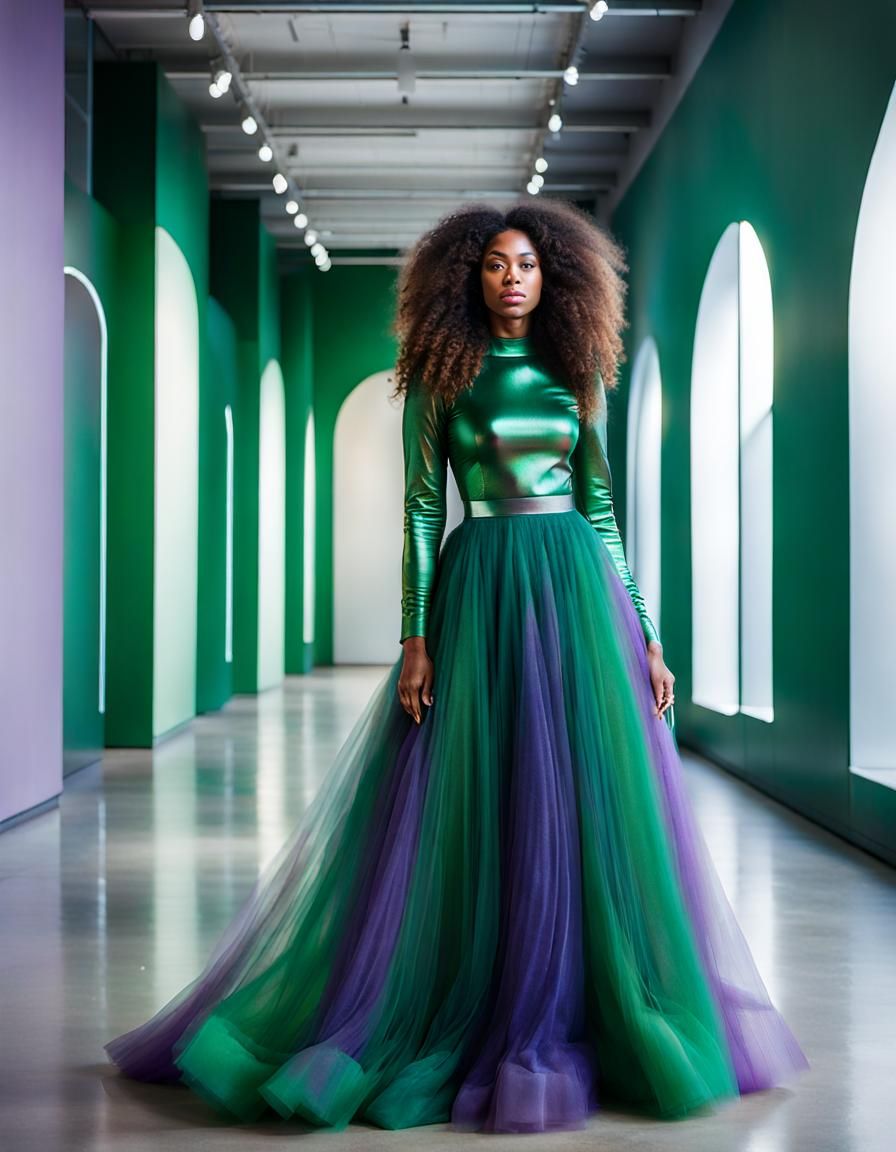 Woman in Tulle Dress Posing in Modern Art Museum