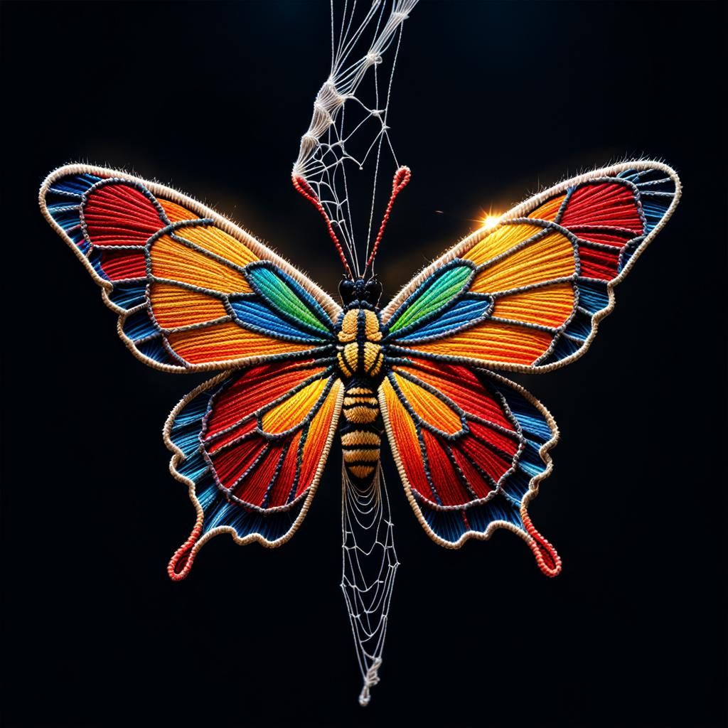 Technicolor String Art Butterfly on Spiderweb