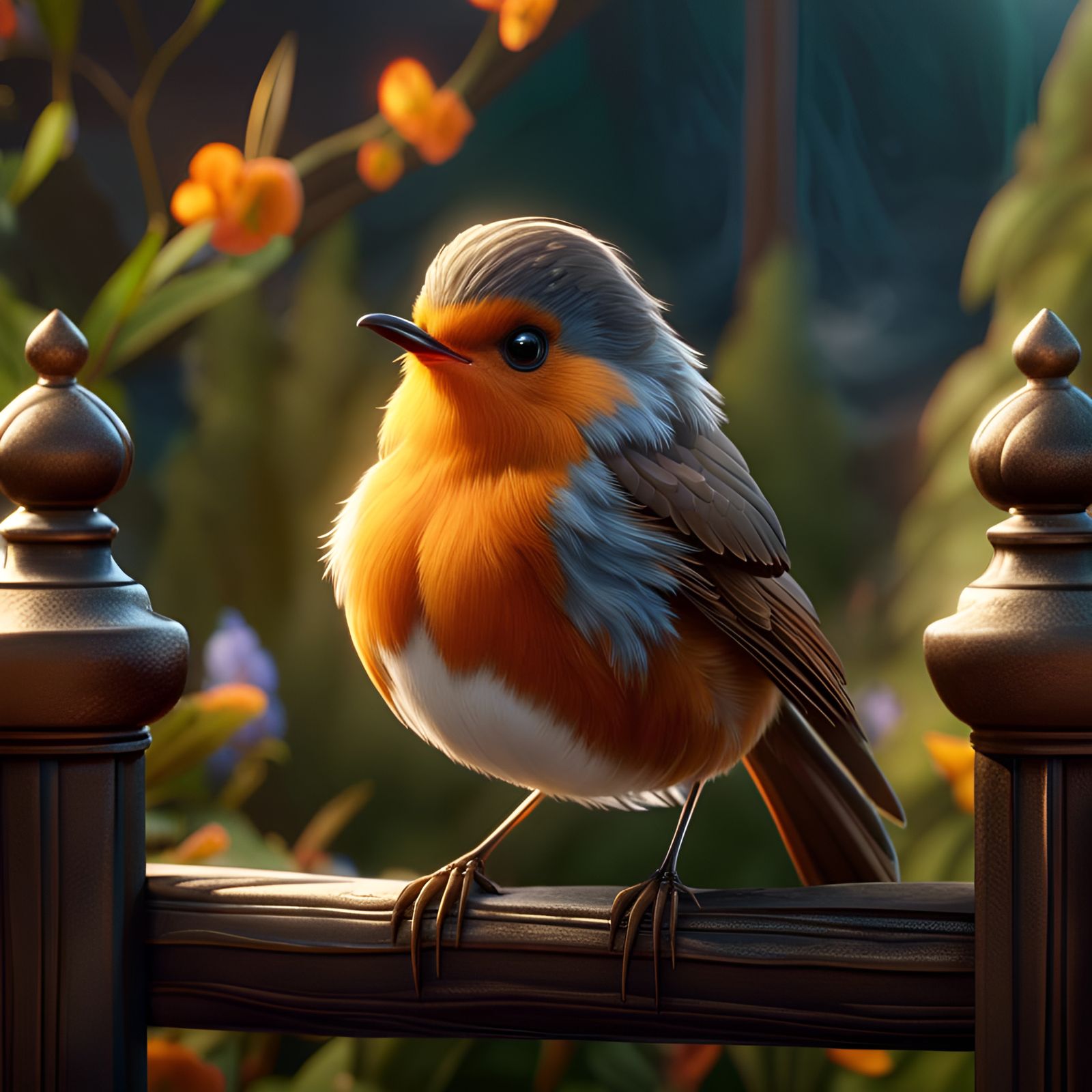 Adorable Fluffy Robin on a Fence