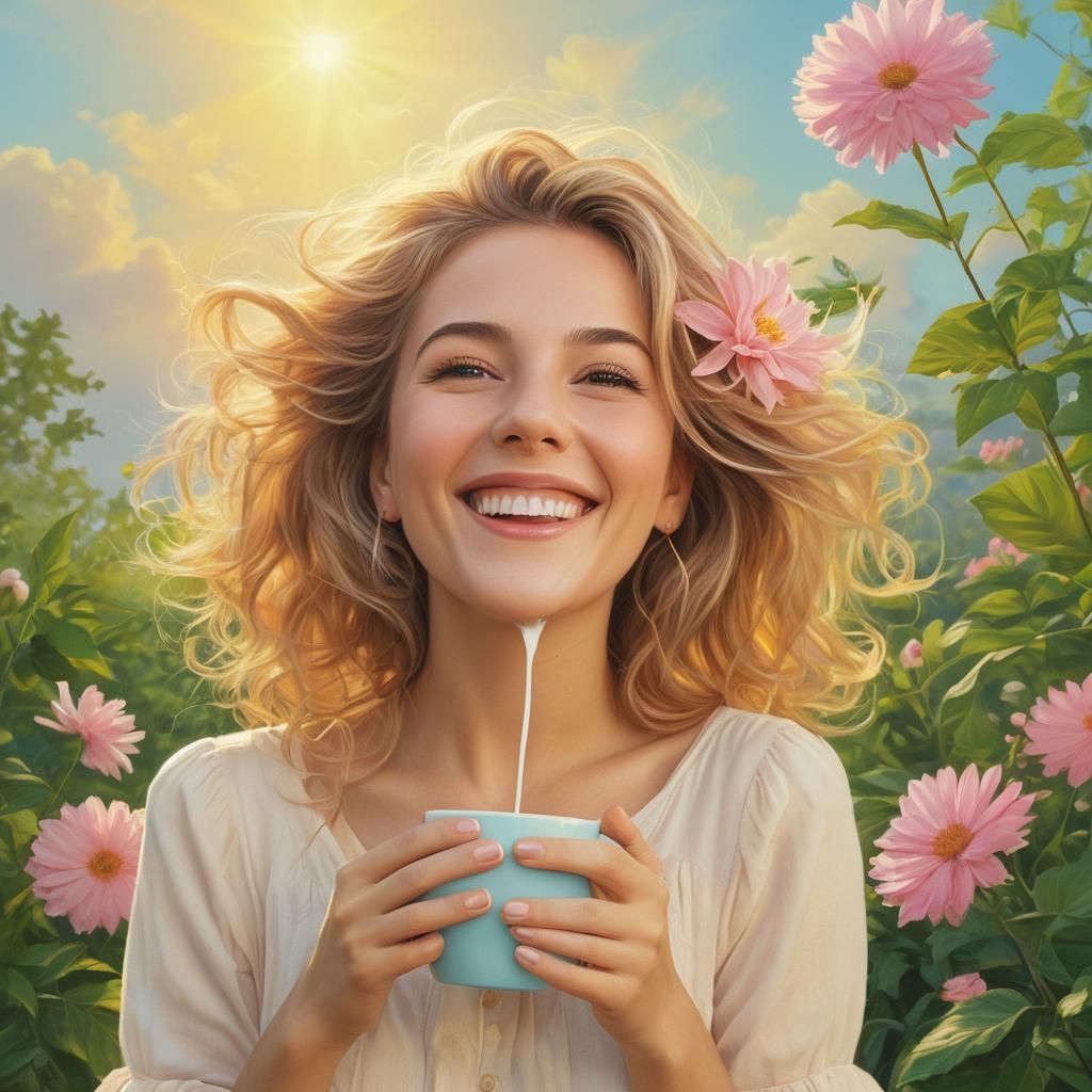 A whimsical woman enjoying a morning sunrises being happy wi...