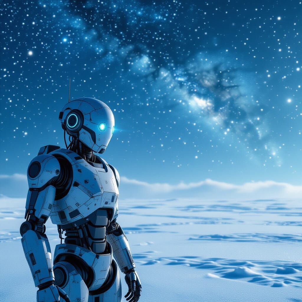 Lone Robot Scans Alien Stars on Frozen Plain