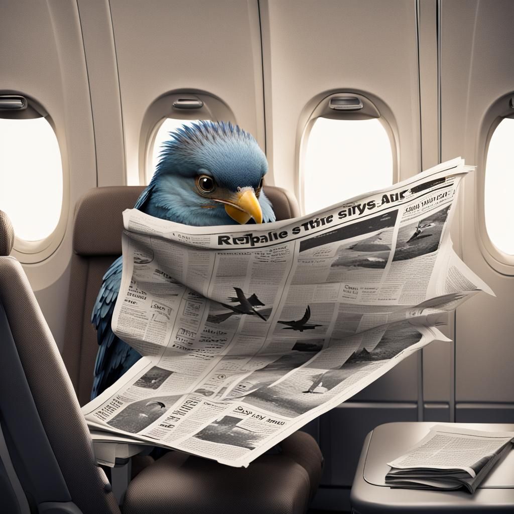 Bird Reads Newspaper on Airplane, Whimsical Scene