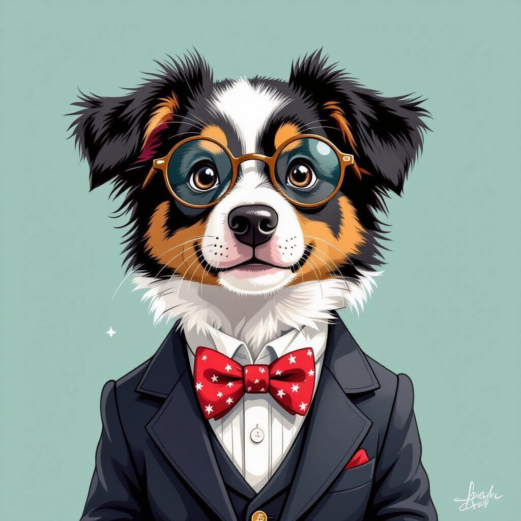 Border Collie Puppy in Glasses, Whimsical Hand-Drawn Style