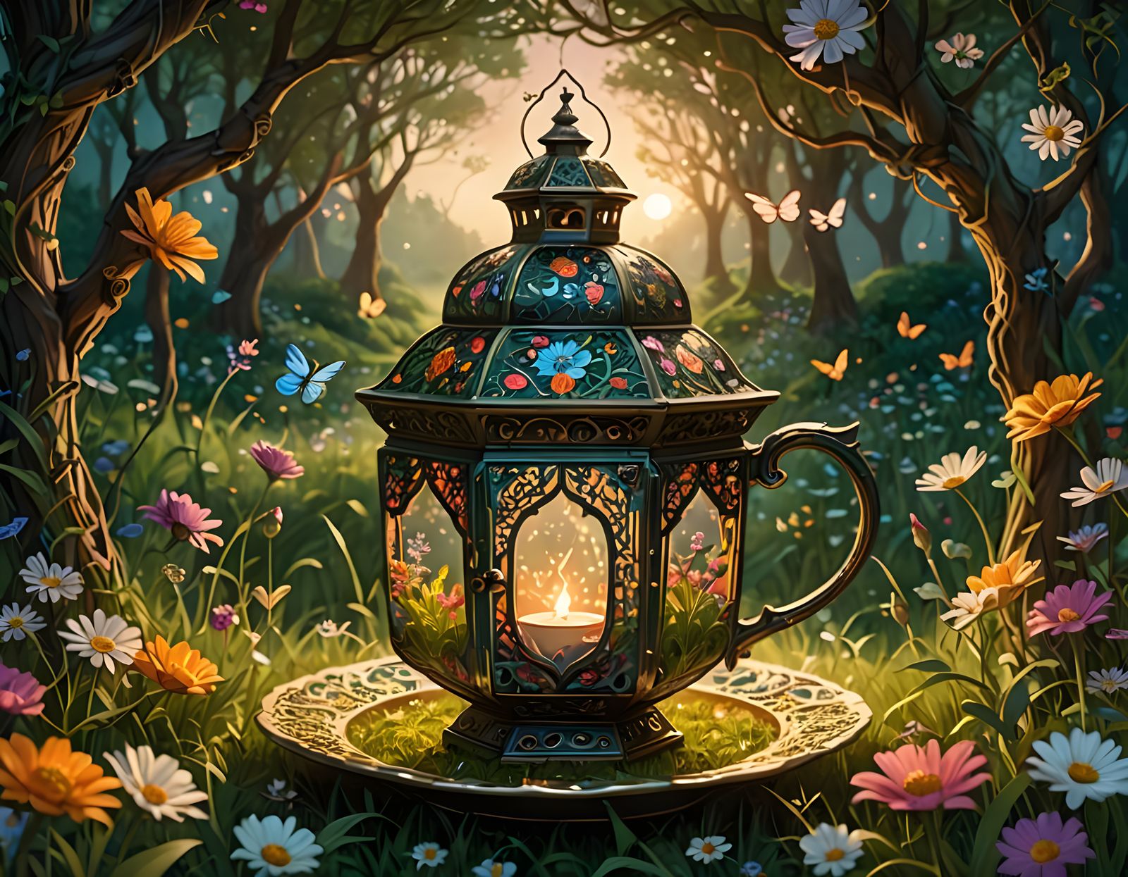 Intricate Teacup in Lantern, Whimsical Meadow