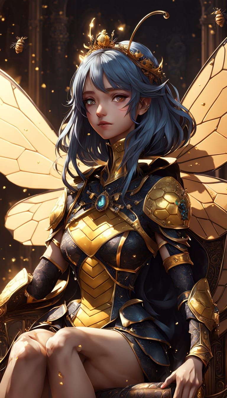 Regal Anime Queen Bee Reigns in Honeycomb Throne Room