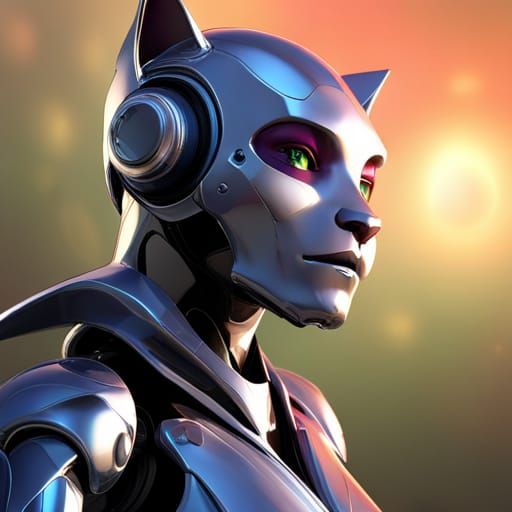 Hyperrealistic Robot Girl Cat in Steel