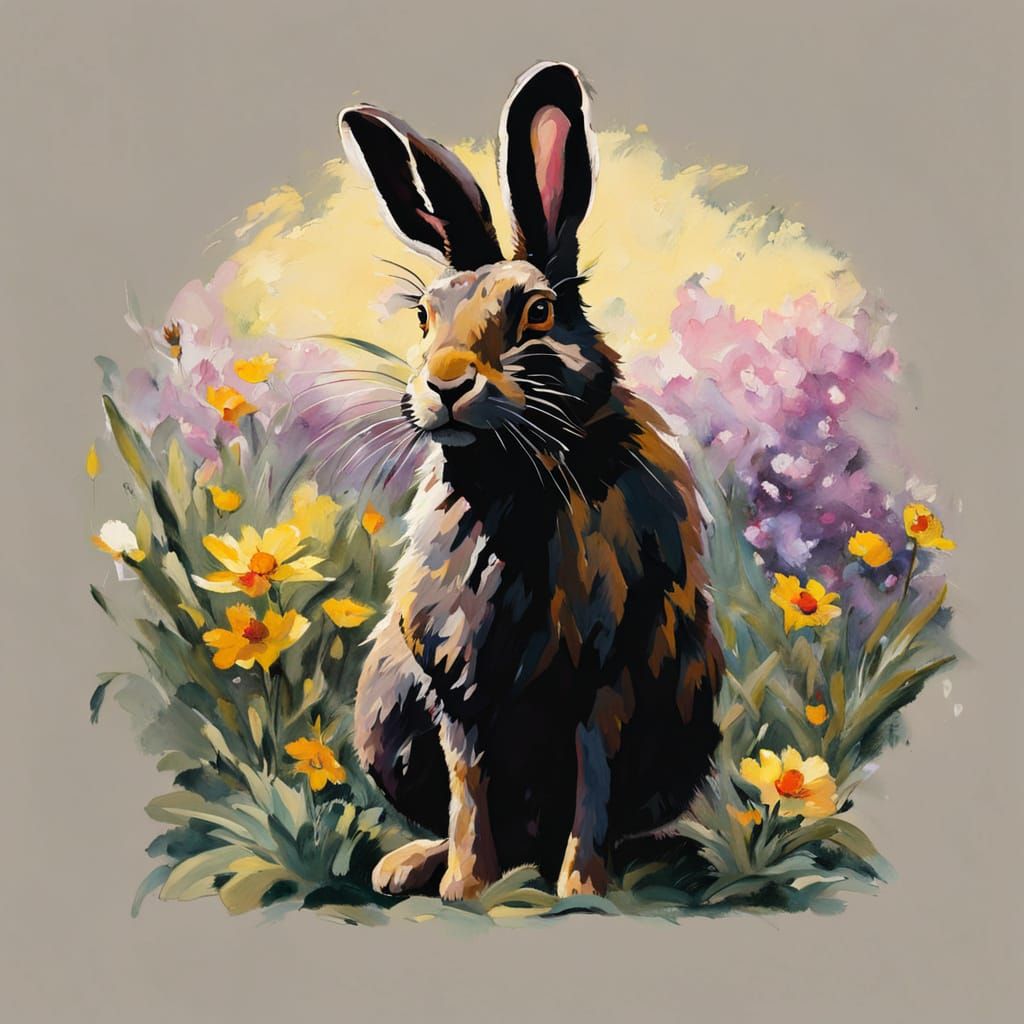 Impressionist Hare in a Garden with Golden Light