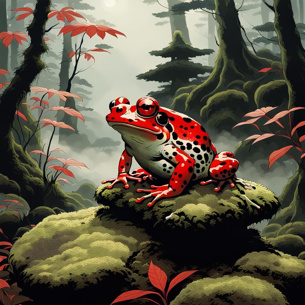 Mysterious Frog in Traditional Japanese Woodblock Style