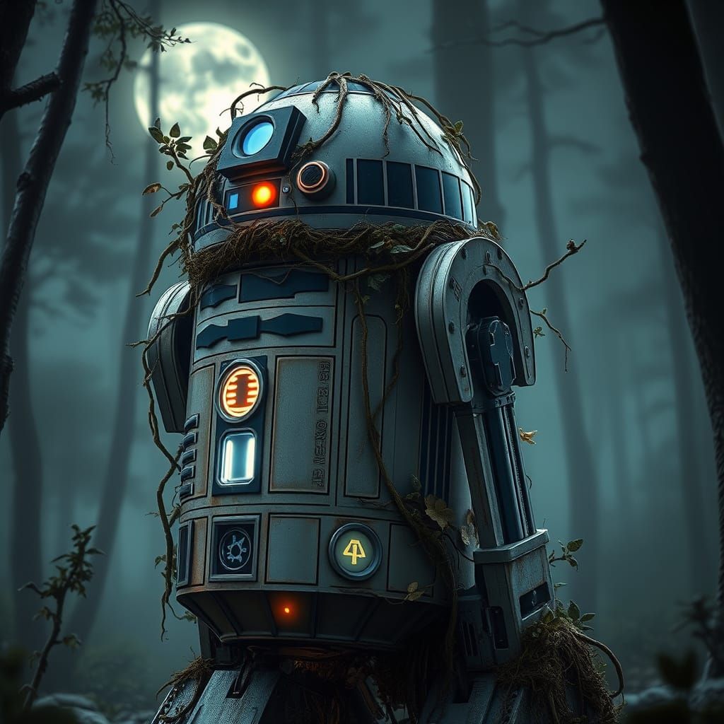 r2d2 with engraved runes merged with ewok body and realistic detailed cinematic text effects