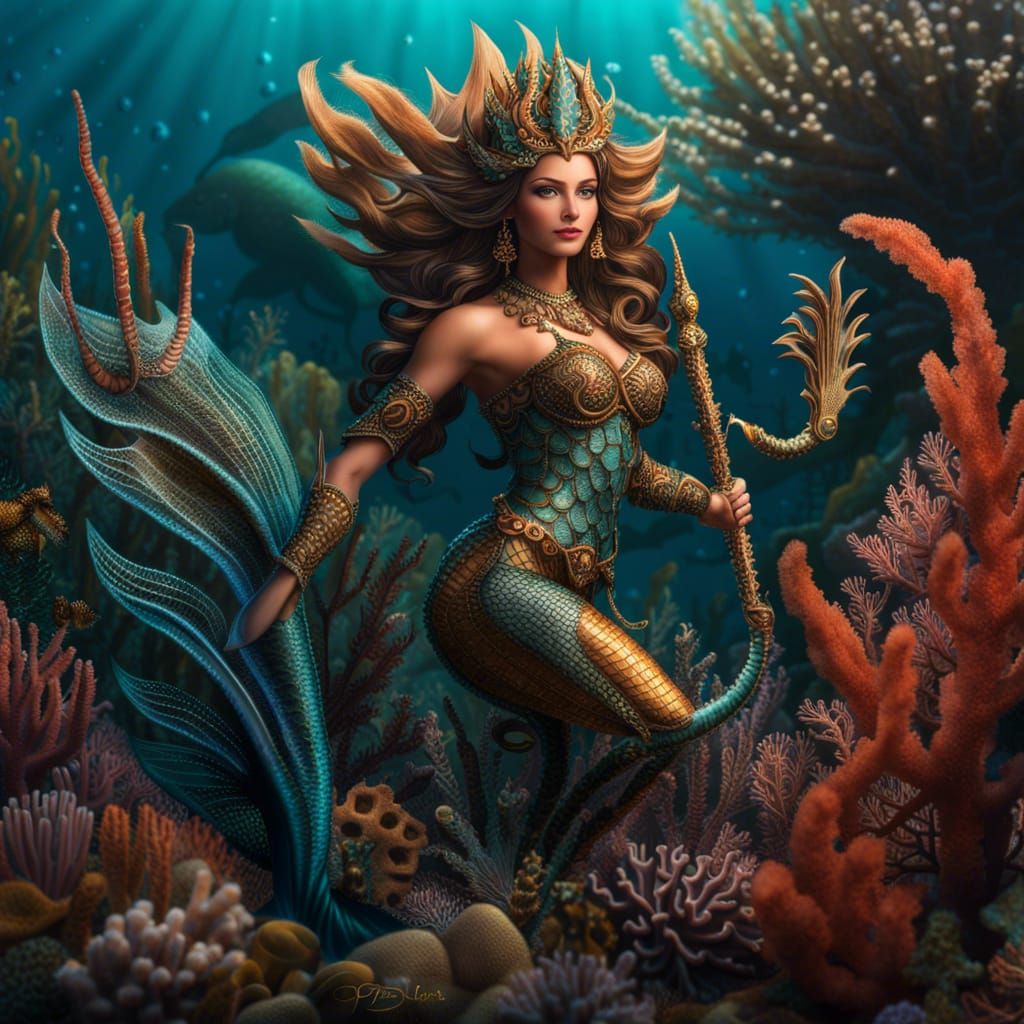 Hyperrealistic Mermaid Warrior with Trident in the Sea