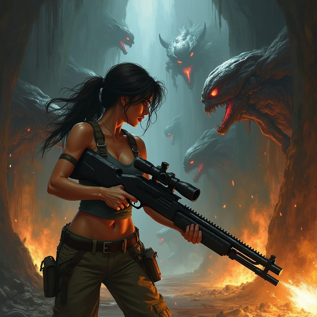 Tough Adventurer Battles Demonic Creatures in Dark Underworl...