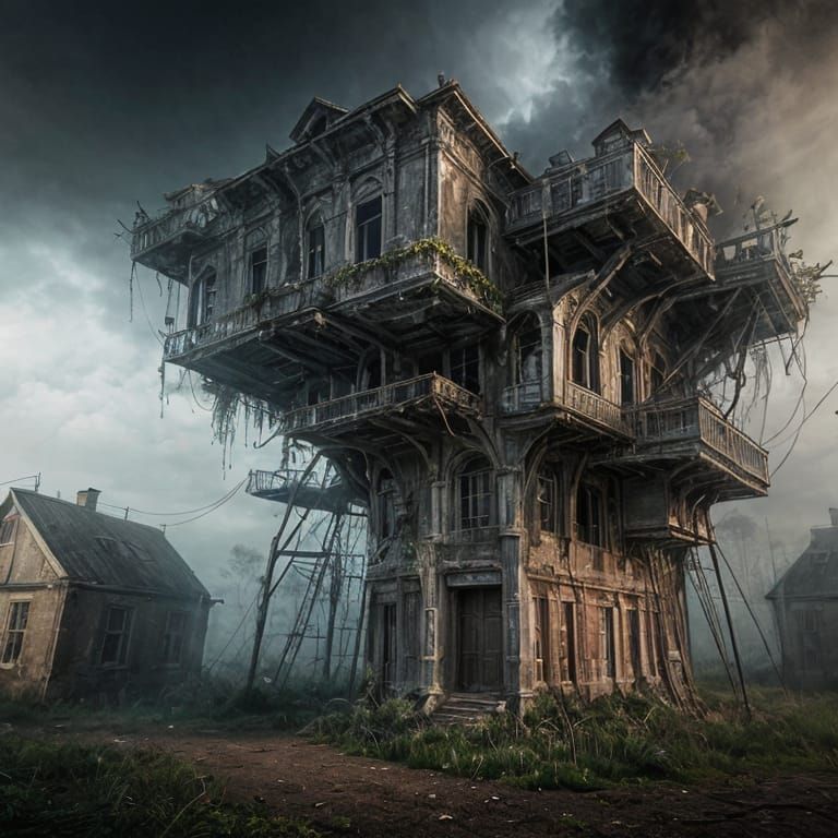 <lora:Wonky Houses SD15:1.0> An imposing, **abandoned** dese...