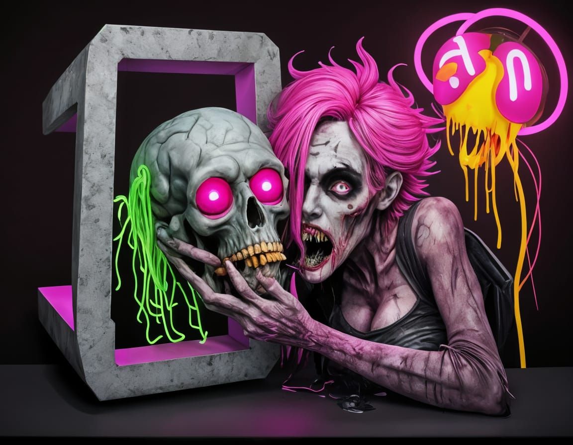 Surreal Cubist Zombie Feast in Neon Dreamscape