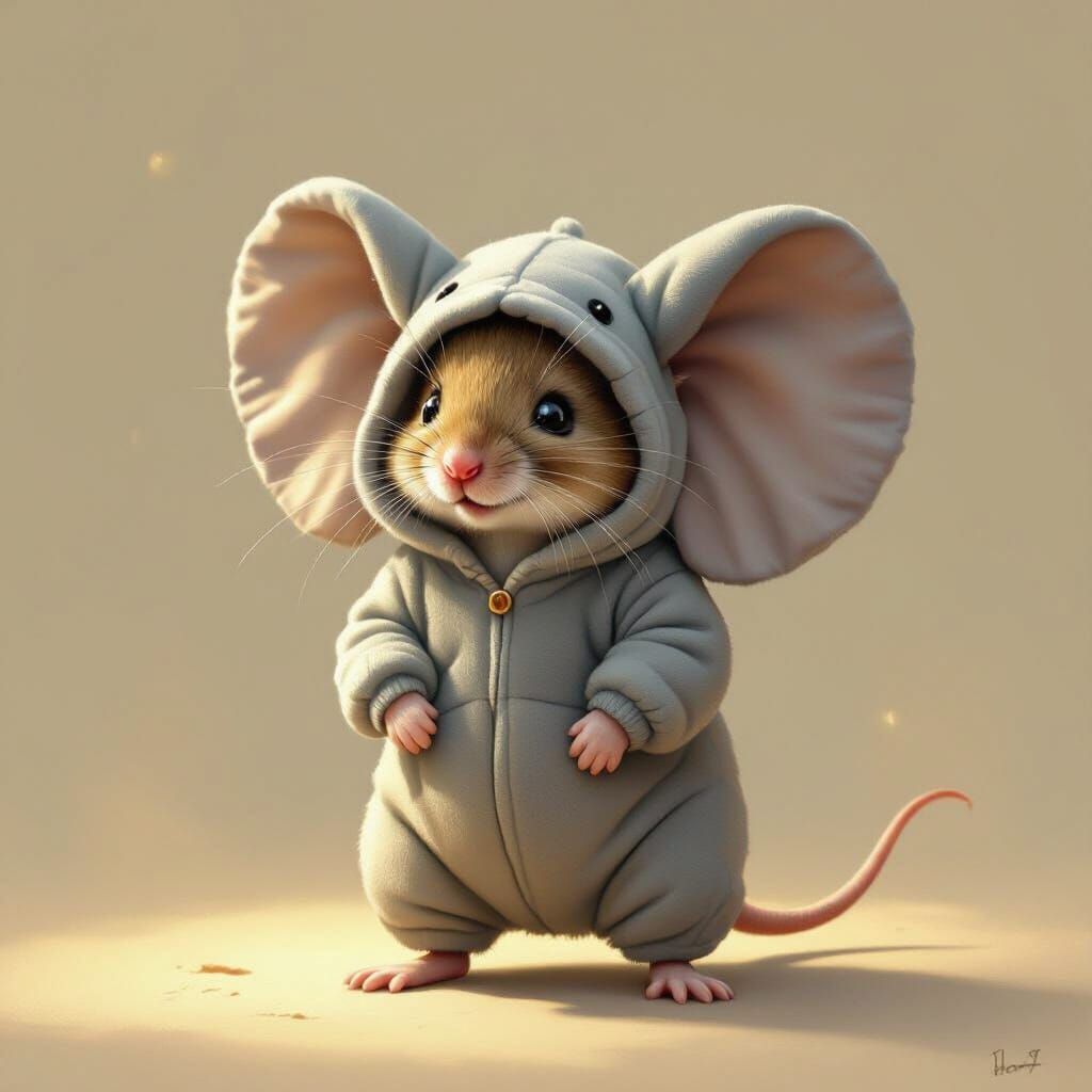 Tiny Mouse Dressed as Elephant in Whimsical Digital Painting