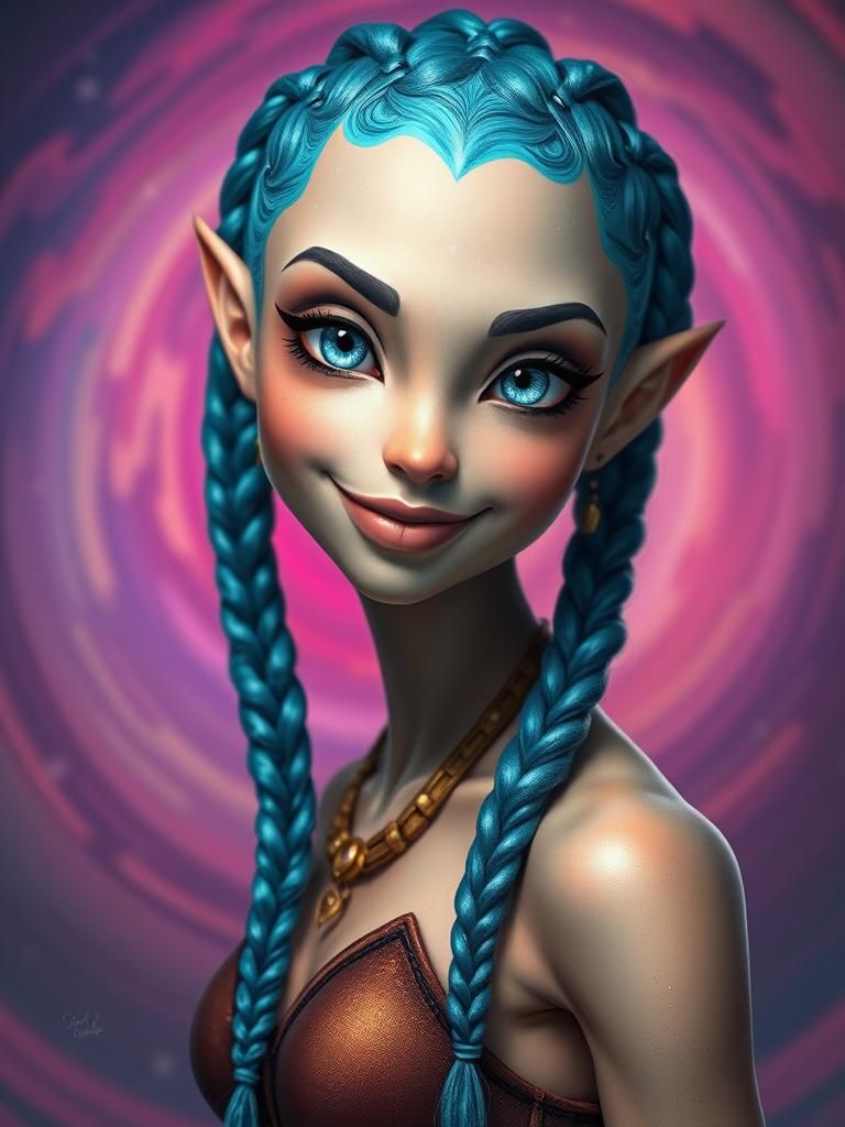 Glittering Alien Girl with Blue Braids in Splash Art Style