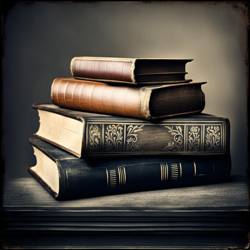 Vintage Books on Dusty Shelf: Sepia-Toned Photography
