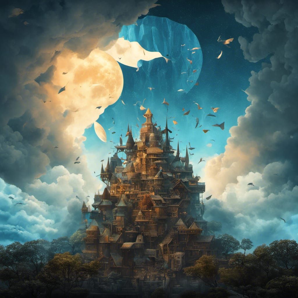 Papercraft City in Clouds, Steampunk Starry Sky