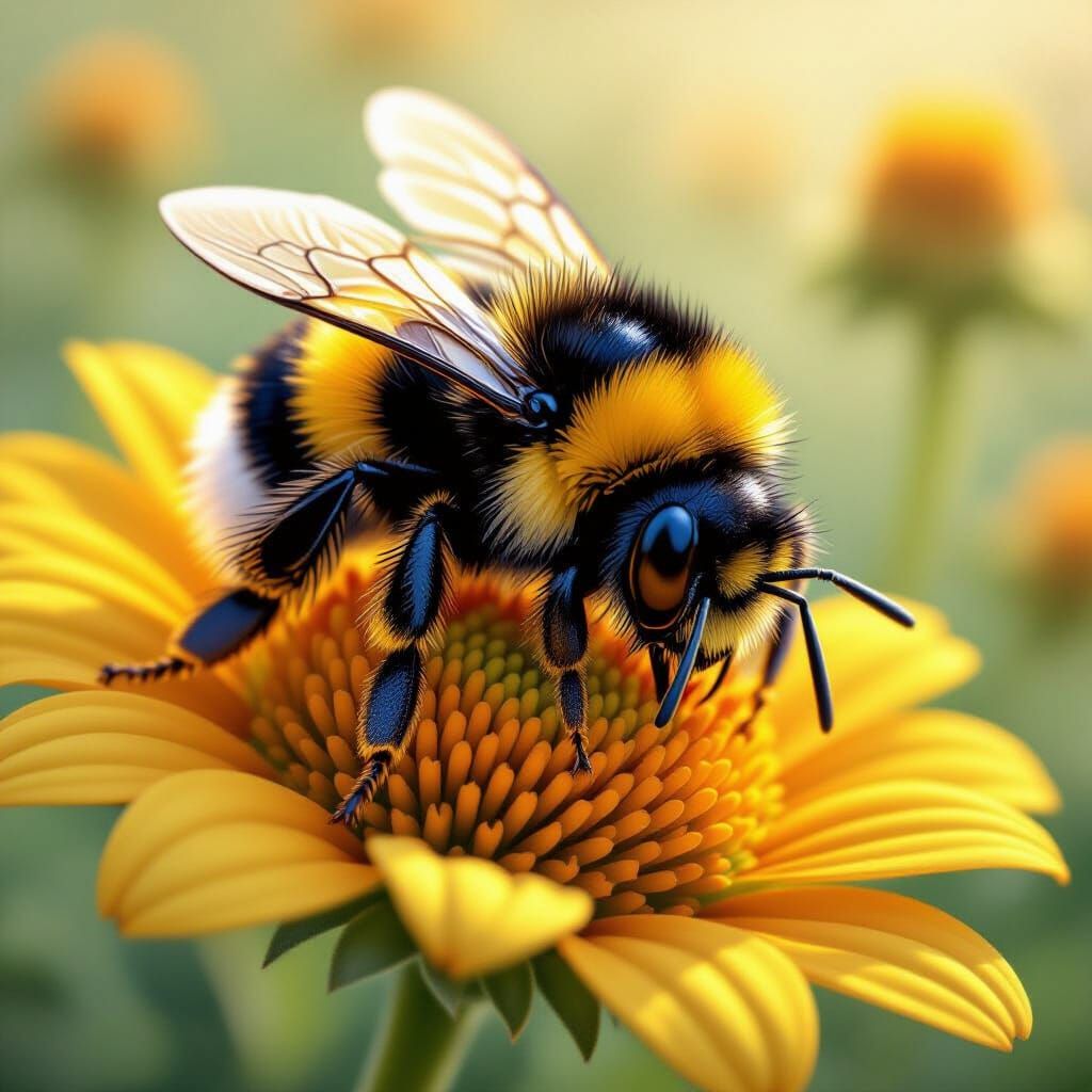 Sleepy Bumblebee Resting on Flower: Detailed Fantasy Art