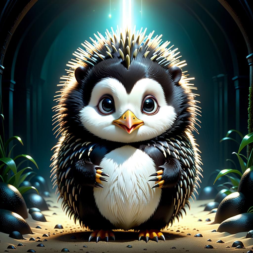Whimsical Penguin-Porcupine Hybrid in Digital Matte Painting