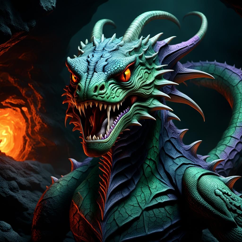 Terrifying Basilisk in Misty Cave: 3D Anime Art