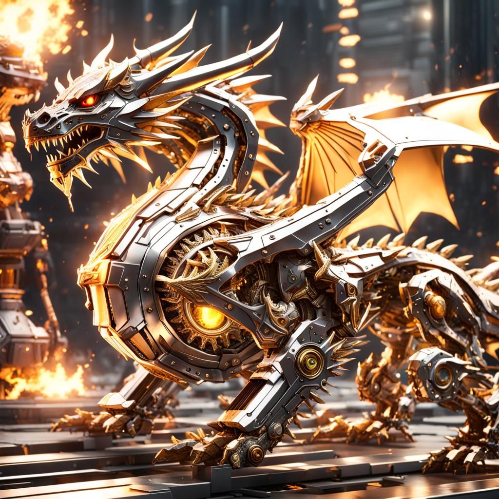 Futuristic Dragon with Golden Fire, Sci-Fi Art