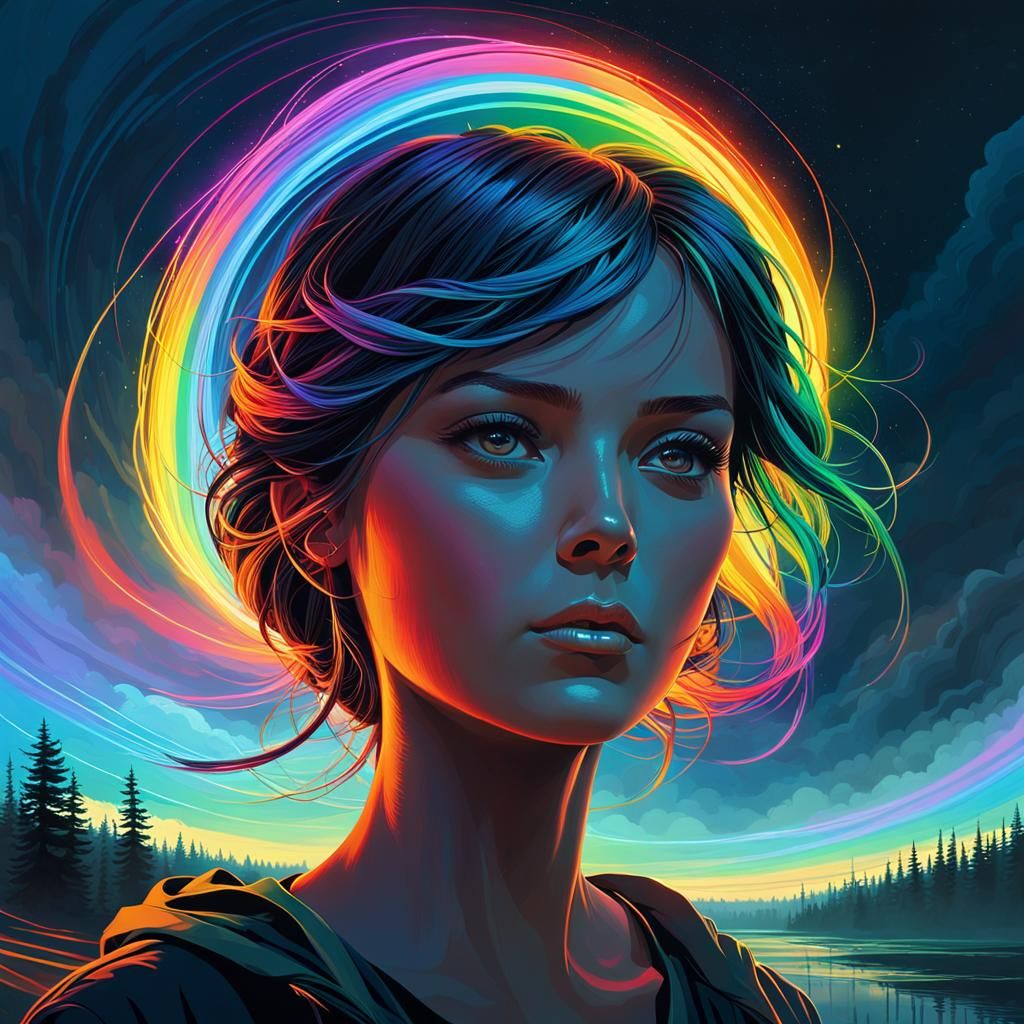 Rainbow Woman: Intricate Light and Color Portrait