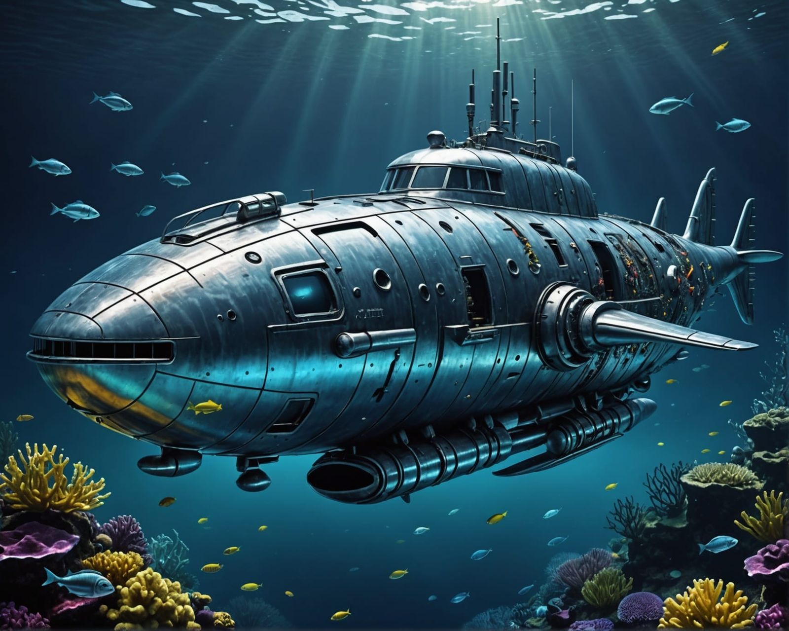 Futuristic Silver Submarine Underwater in Art Nouveau Style