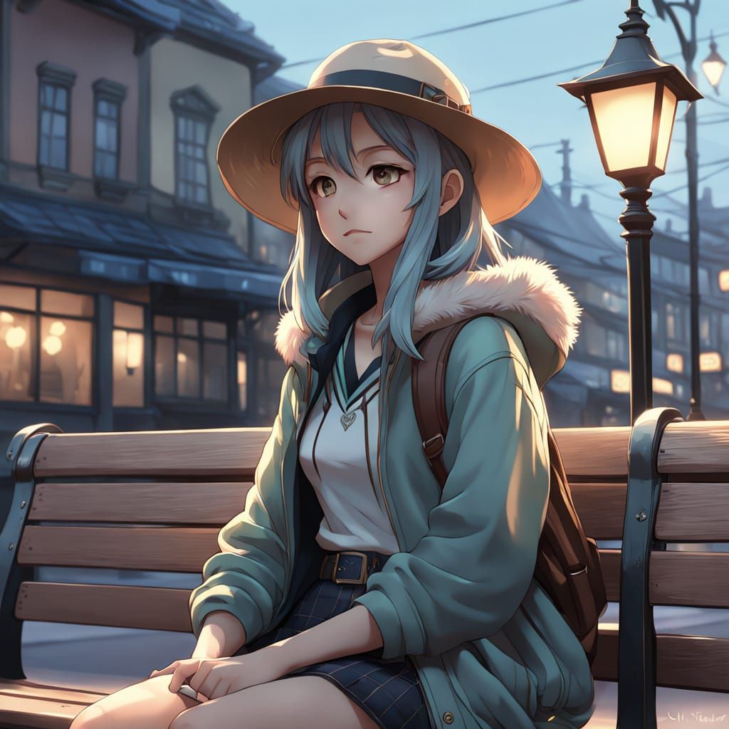 3D Anime Hat on Bench at Bus Stop