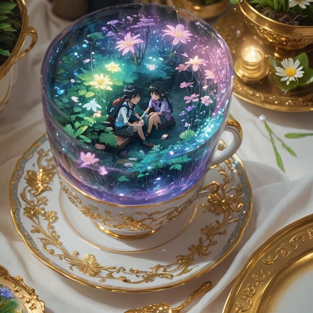 Fairy Tale Anime Scene in Teacup: Detailed Concept Art
