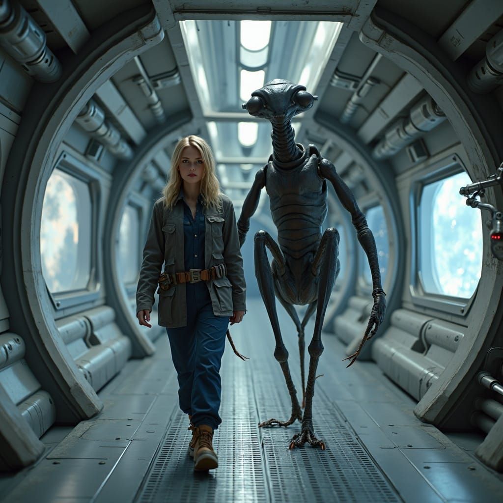 Woman and Giant Mantis Explore Starship Corridor