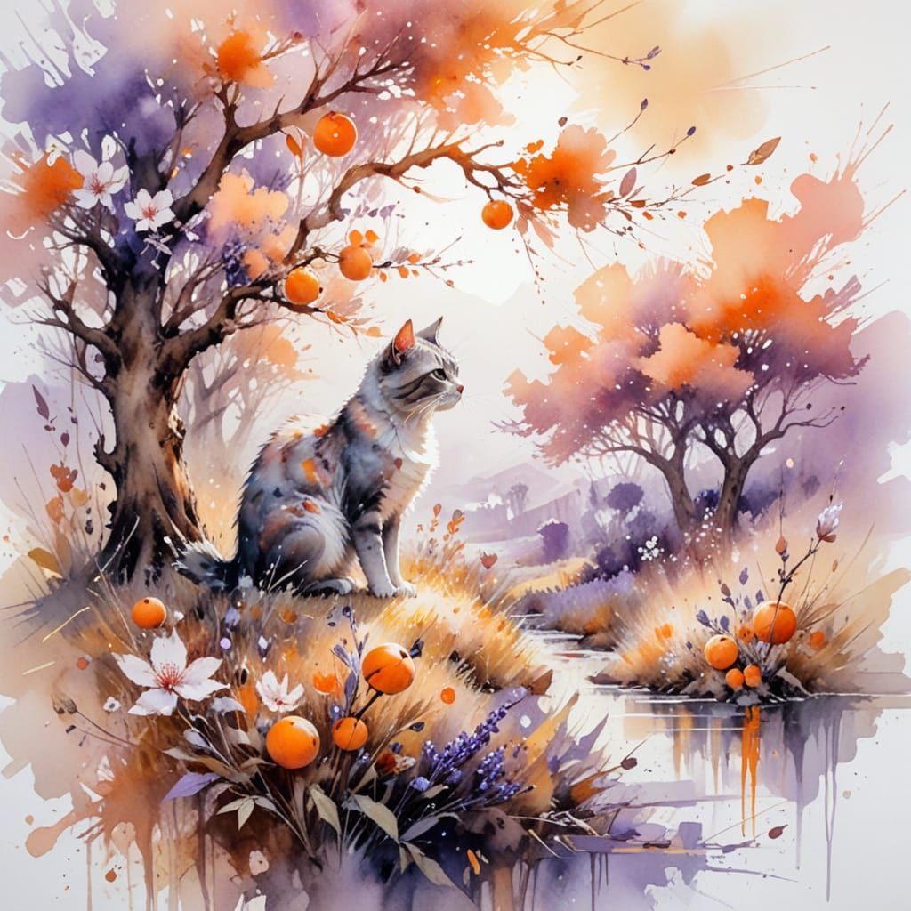 Enchanted Orchard at Dusk in Watercolor Style