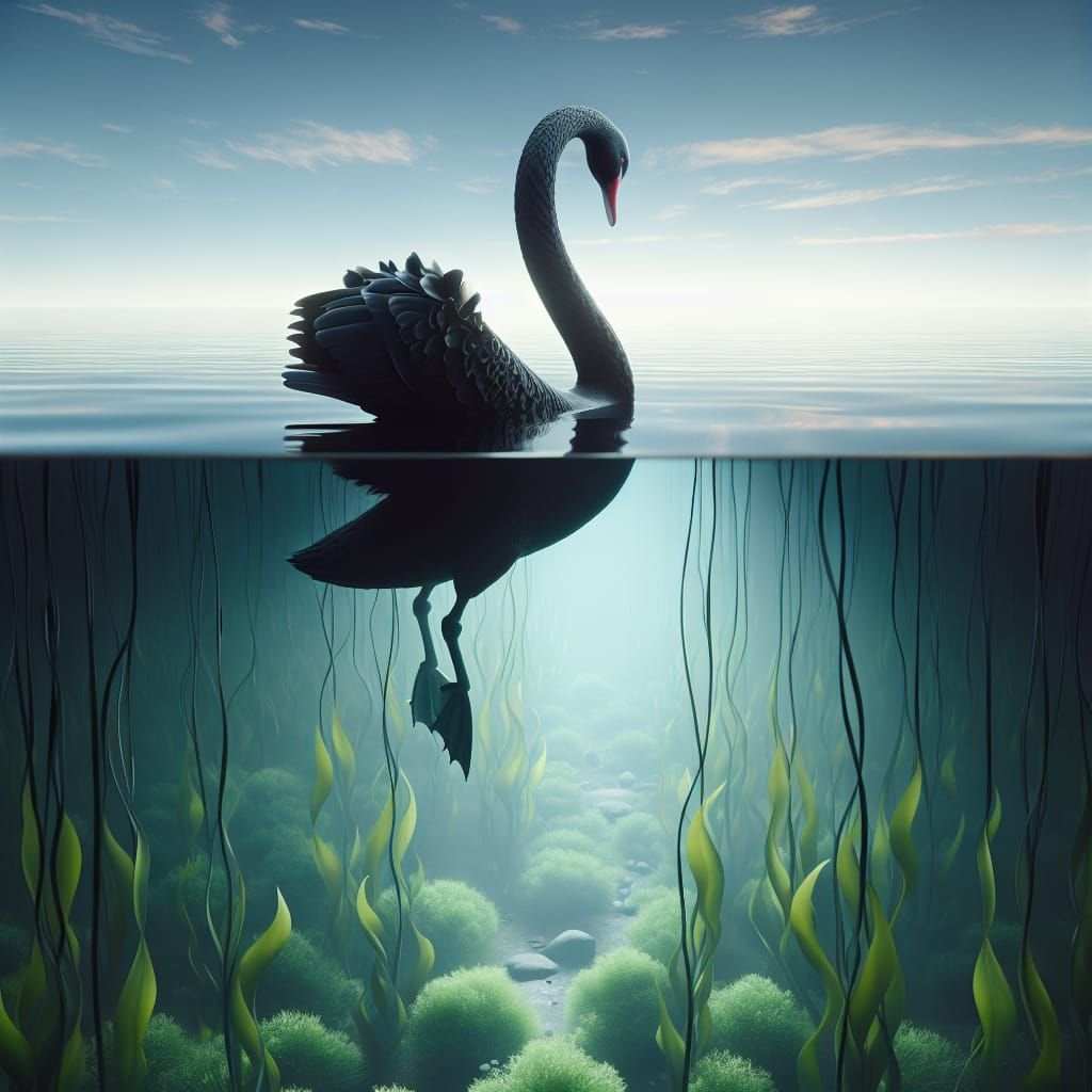 Black Swan Grasps Kelp in Pond: Fantasy Art