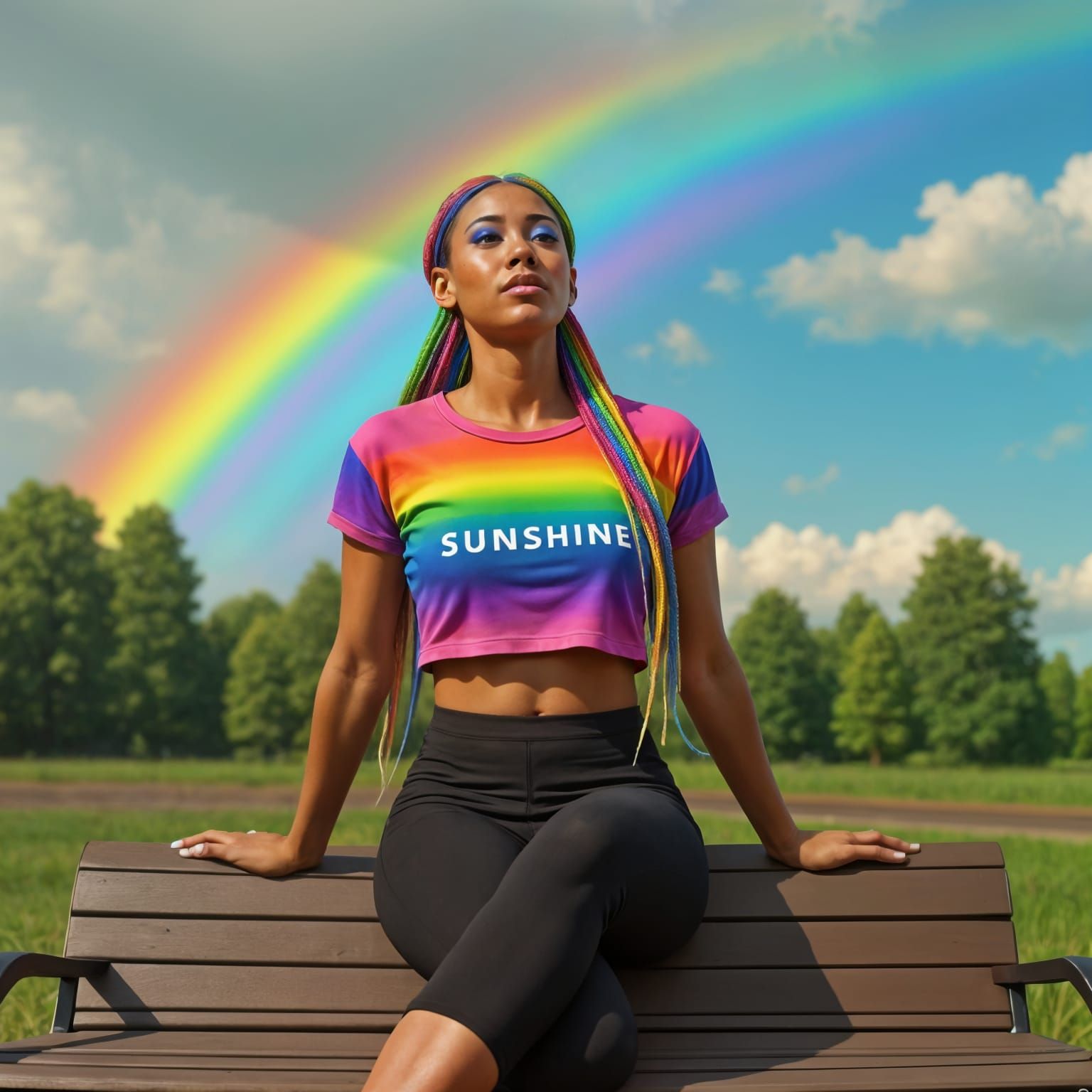 Vibrant Woman Under a Rainbow Sky