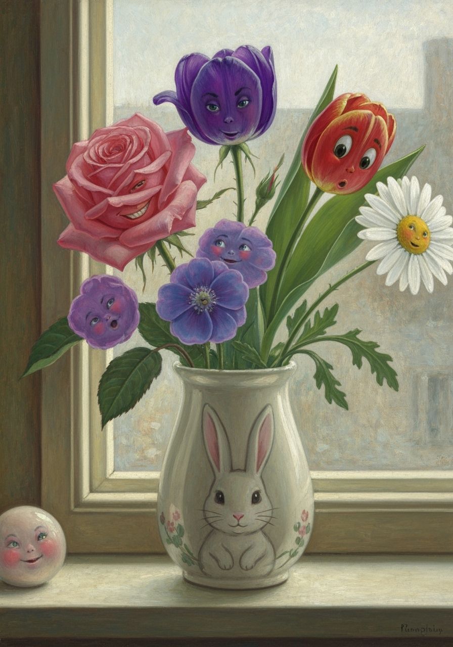 Impressionist Flowers with Faces in a Rabbit Vase