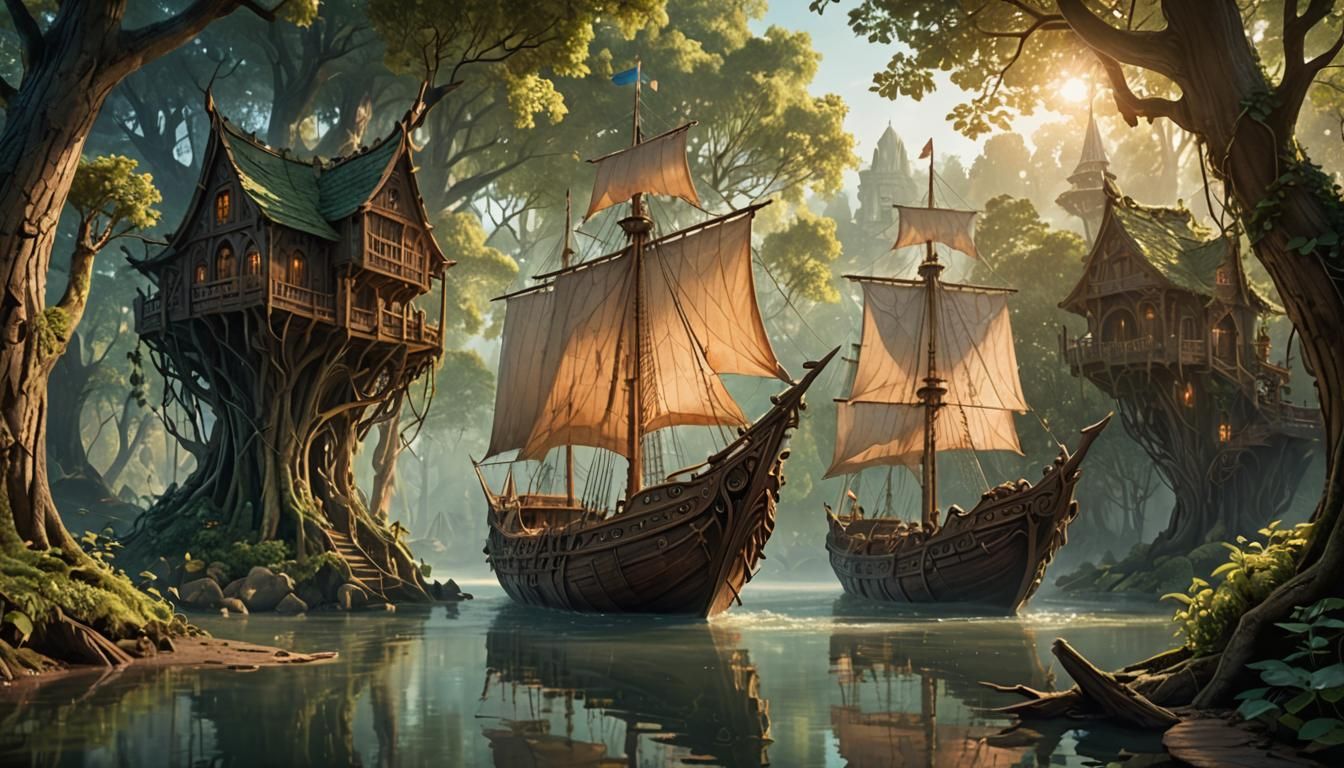 Elven Ship on Forest River: Fantasy Concept Art