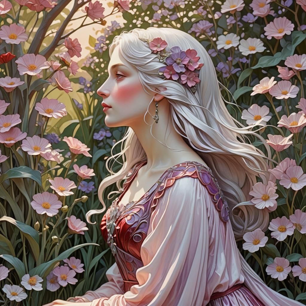 Art Nouveau Woman in Garden with Flowers