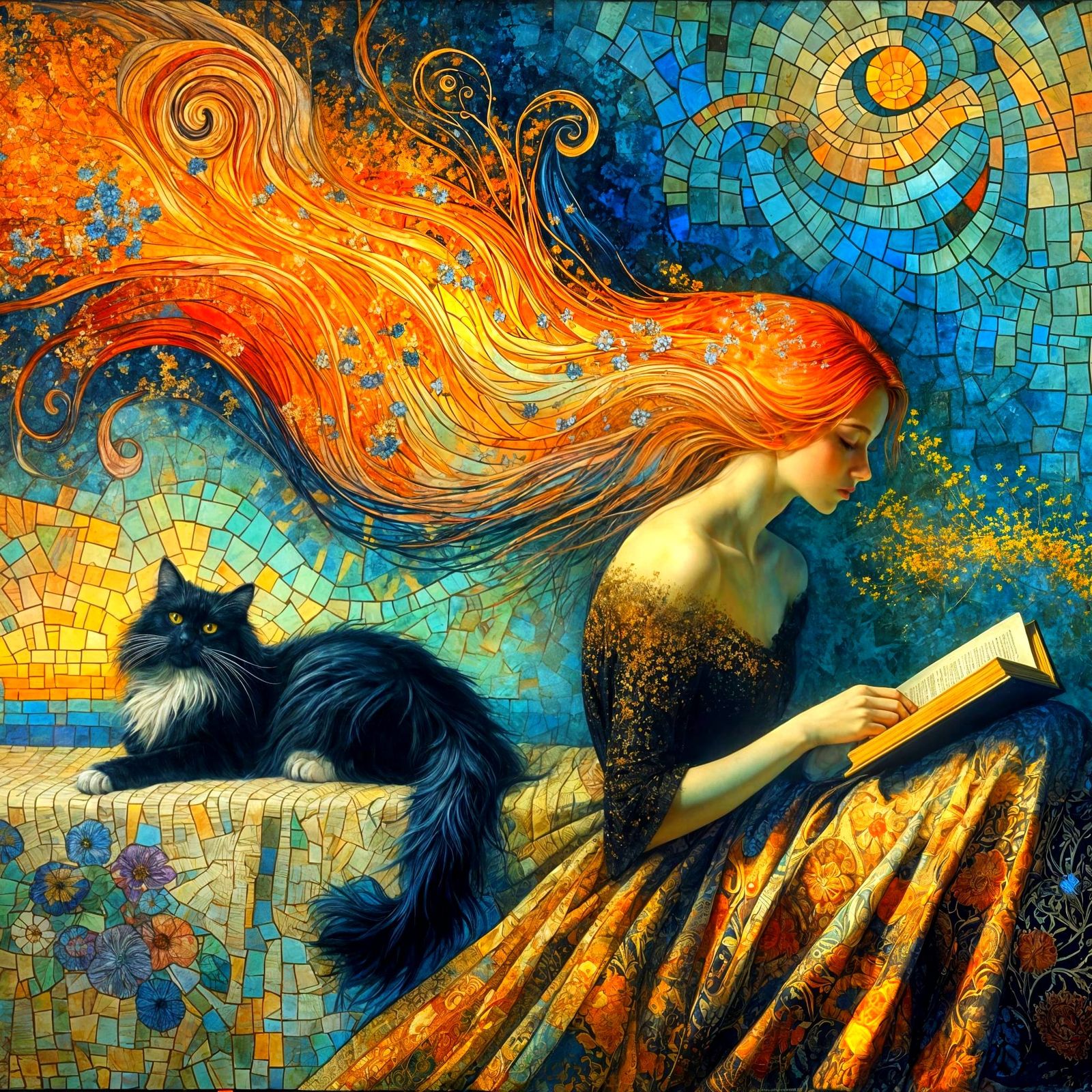 Ethereal Scene of Reading Woman and Cat