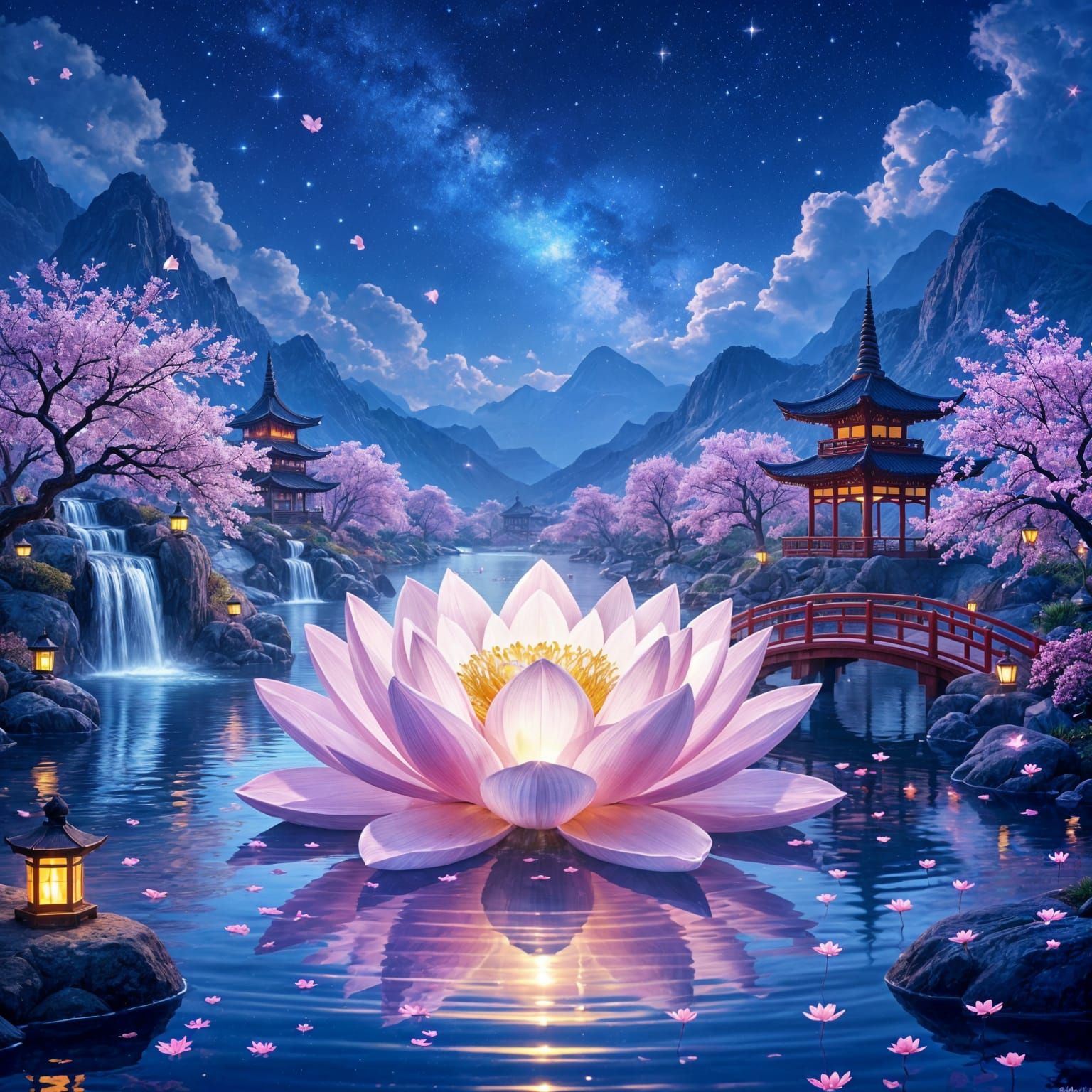 Glowing Crystal Lotus Garden Under Starlit Sky