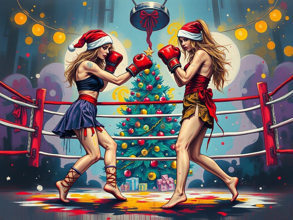 Goth Women Engage in Boxing Festivities in Vibrant Graffiti...