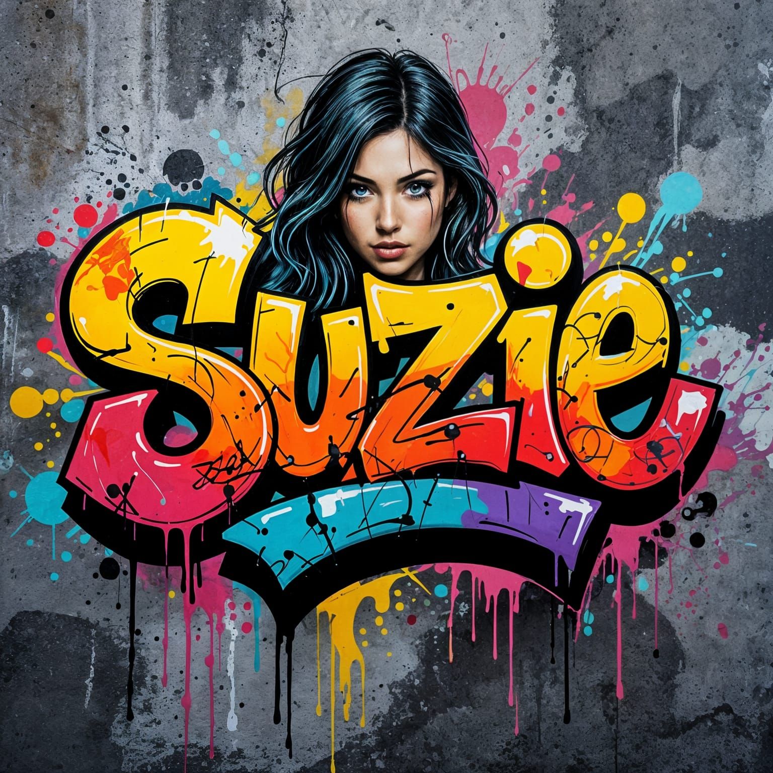 Suzie Graffiti Art: Vibrant 3D Lettering with Splash Effects