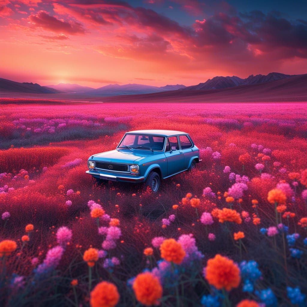 Hyperrealistic Floating Car in Magical Landscape