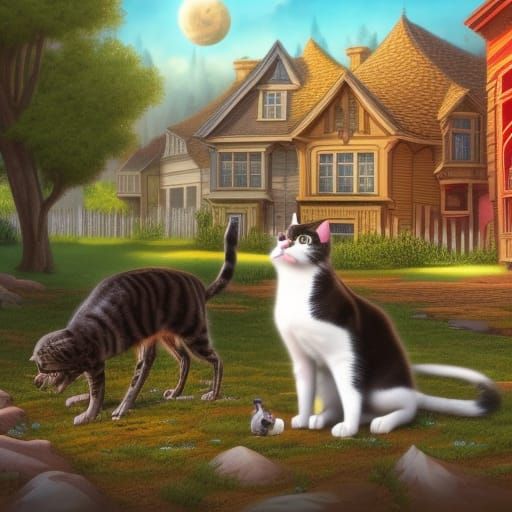 Cartoon Cat and Dog in Detailed Neighborhood
