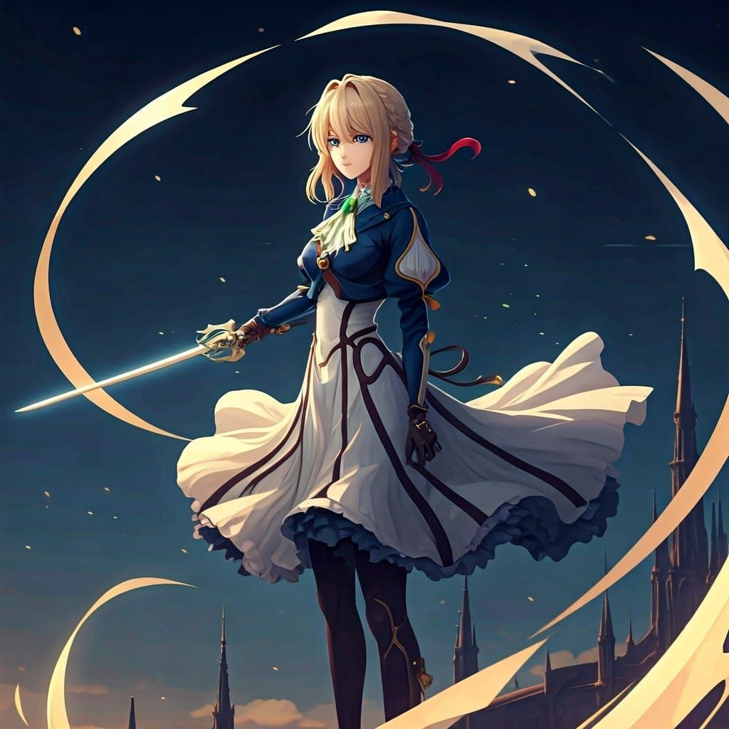 Anime Goddess of Elegance Wields Sword on Majestic Fortress